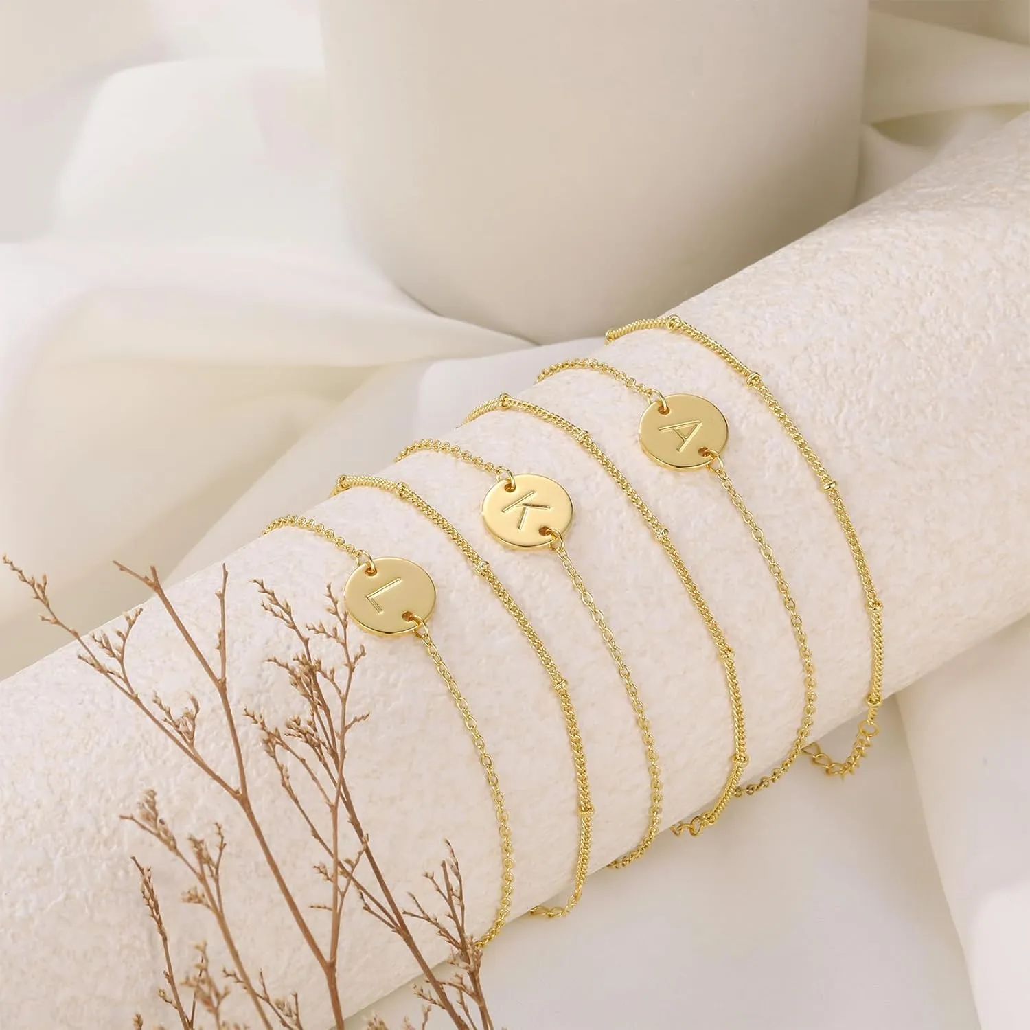 KAERUN Gold Initial Bracelets for Women Non Tarnish 14K Gold Filled Dainty Initial Letter Gold Bracelet Stack Personalized Coin Disc Charm Bracelets Waterproof Gold Jewelry Gifts