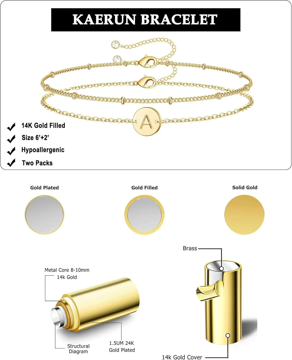 KAERUN Gold Initial Bracelets for Women Non Tarnish 14K Gold Filled Dainty Initial Letter Gold Bracelet Stack Personalized Coin Disc Charm Bracelets Waterproof Gold Jewelry Gifts