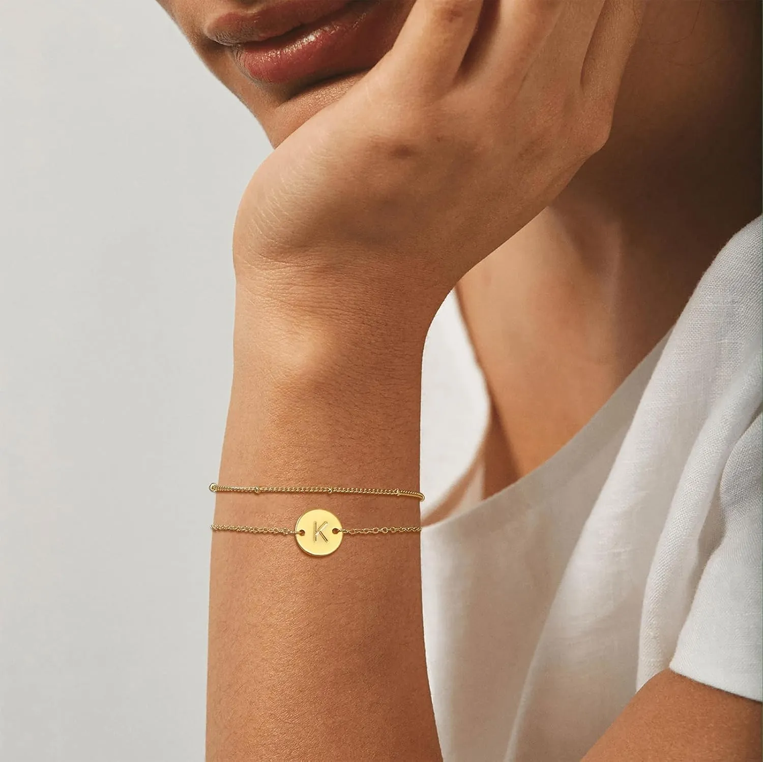 KAERUN Gold Initial Bracelets for Women Non Tarnish 14K Gold Filled Dainty Initial Letter Gold Bracelet Stack Personalized Coin Disc Charm Bracelets Waterproof Gold Jewelry Gifts