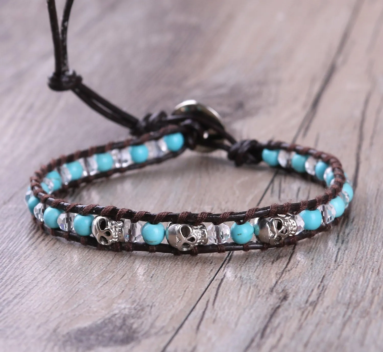 KELITCH Silver Skull Crystal Beaded Bracelets for Women Braided Leather Wrap Bracelets Gothic Cuff Handmade Fashion Jewelry