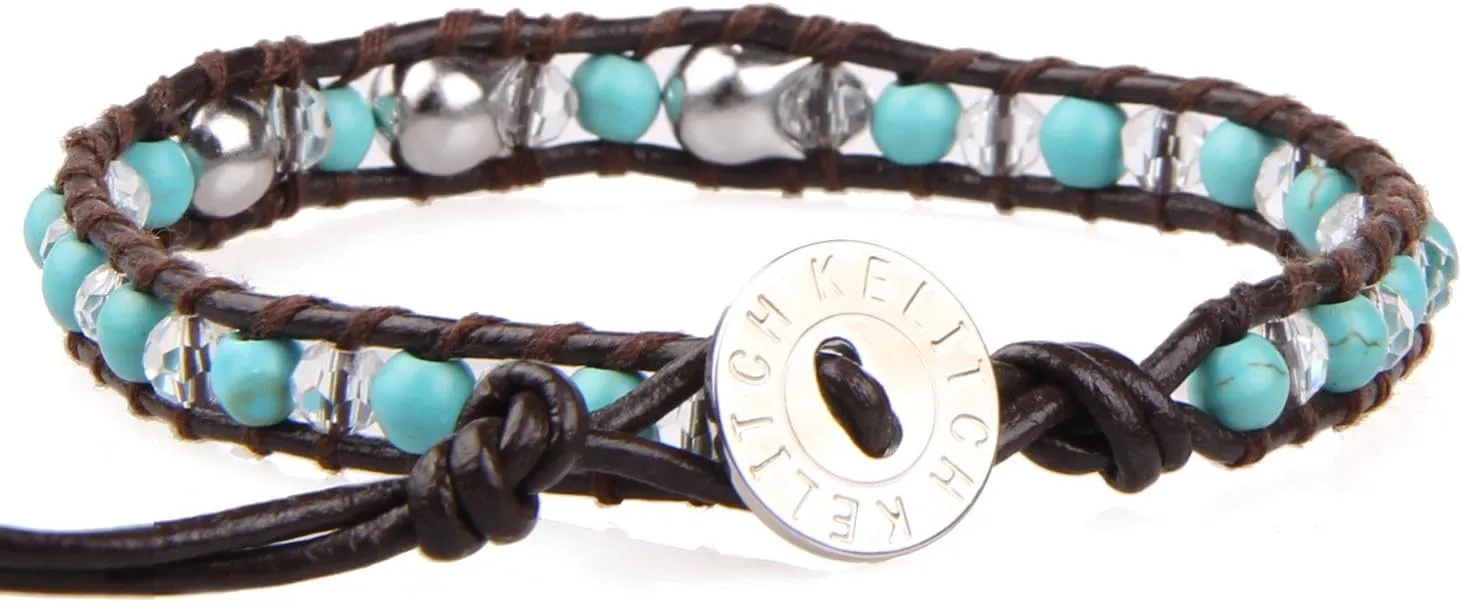 KELITCH Silver Skull Crystal Beaded Bracelets for Women Braided Leather Wrap Bracelets Gothic Cuff Handmade Fashion Jewelry
