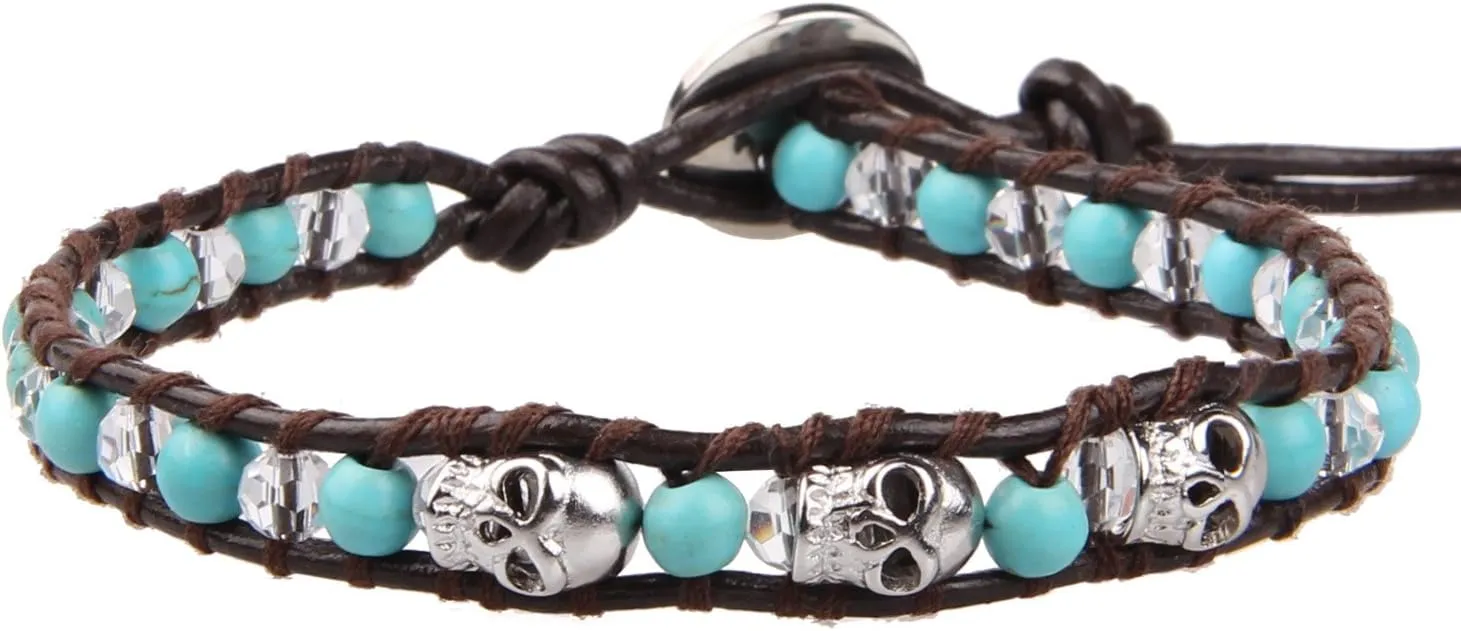 KELITCH Silver Skull Crystal Beaded Bracelets for Women Braided Leather Wrap Bracelets Gothic Cuff Handmade Fashion Jewelry