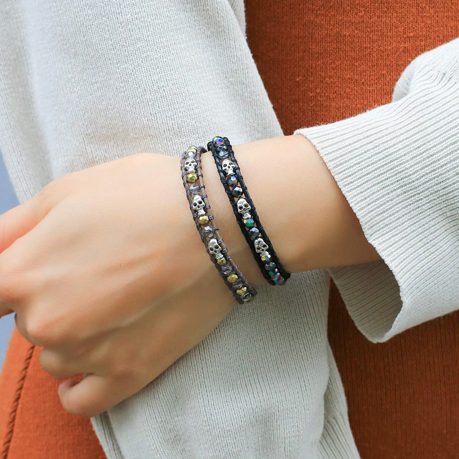 KELITCH Silver Skull Crystal Beaded Bracelets for Women Braided Leather Wrap Bracelets Gothic Cuff Handmade Fashion Jewelry