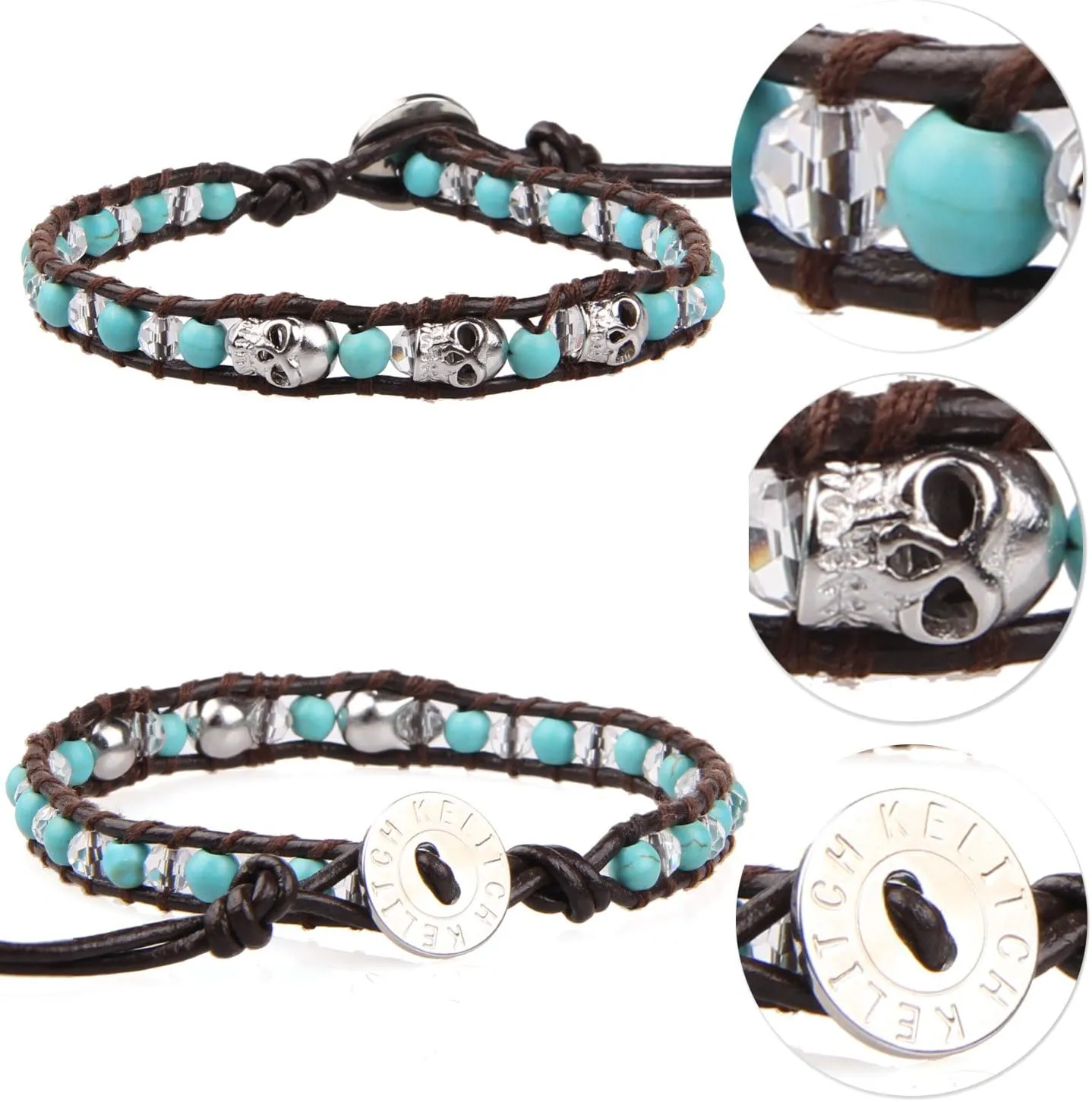 KELITCH Silver Skull Crystal Beaded Bracelets for Women Braided Leather Wrap Bracelets Gothic Cuff Handmade Fashion Jewelry