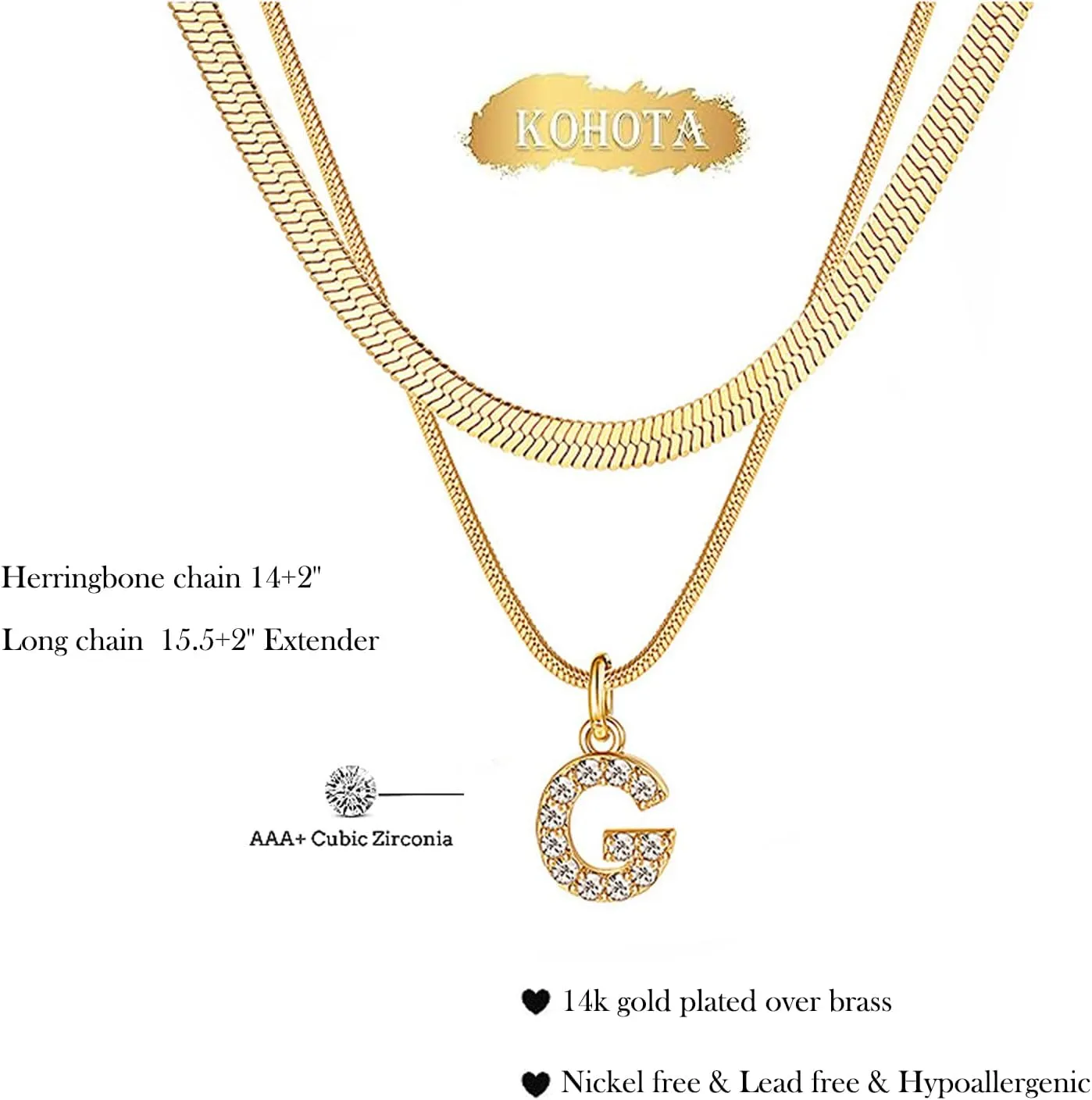 KOHOTA Gold Initial Necklaces for Women, Snake Chain Herringbone Necklace Dainty Letter Layered Initial Necklaces Choker 14K Gold Plated Cubic Zirconia Trendy Pendant for Women Jewelry Gift
