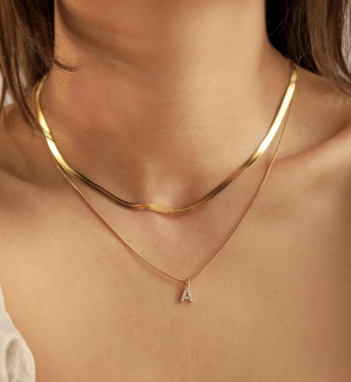 KOHOTA Gold Initial Necklaces for Women, Snake Chain Herringbone Necklace Dainty Letter Layered Initial Necklaces Choker 14K Gold Plated Cubic Zirconia Trendy Pendant for Women Jewelry Gift