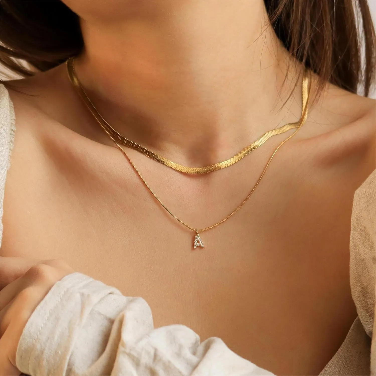 KOHOTA Gold Initial Necklaces for Women, Snake Chain Herringbone Necklace Dainty Letter Layered Initial Necklaces Choker 14K Gold Plated Cubic Zirconia Trendy Pendant for Women Jewelry Gift
