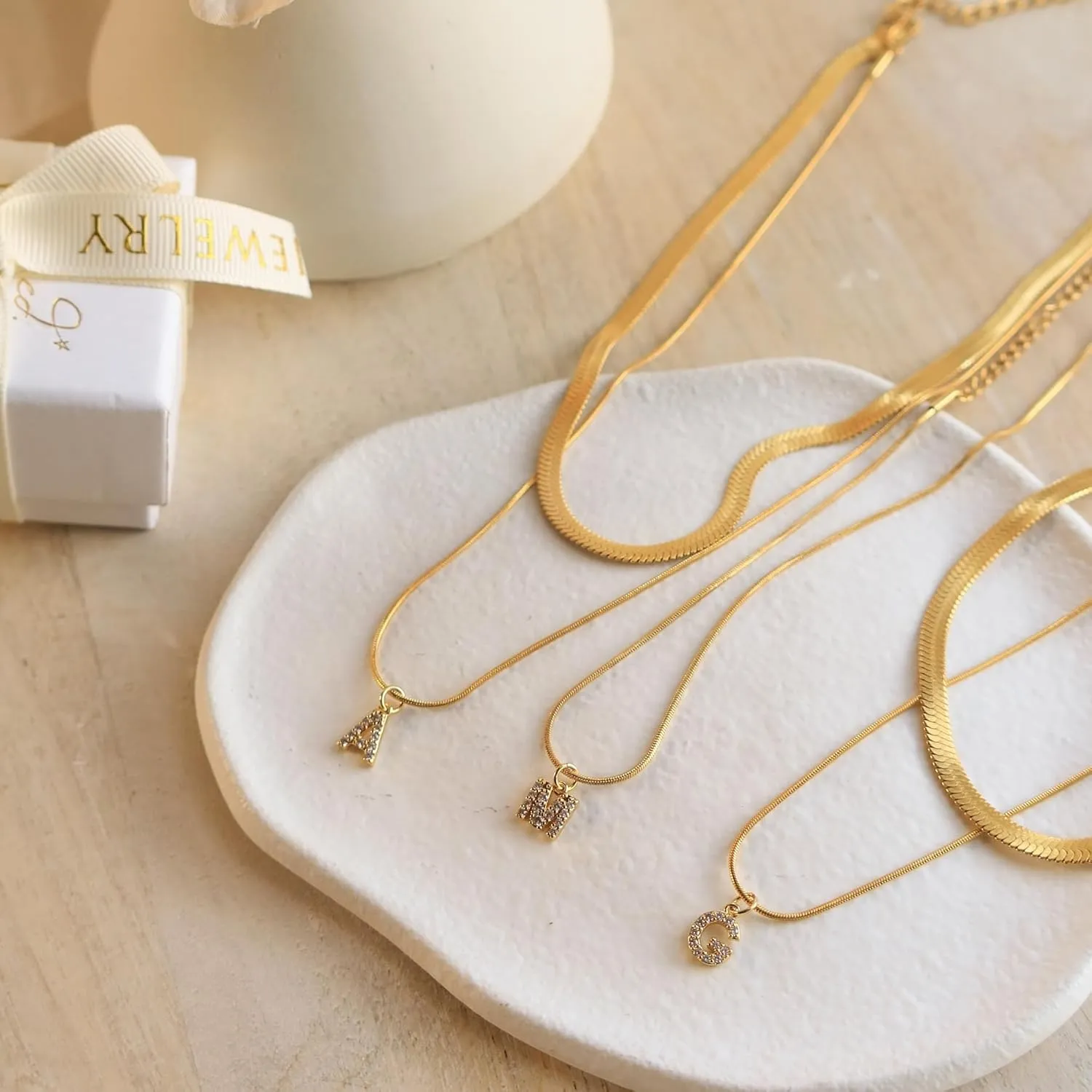 KOHOTA Gold Initial Necklaces for Women, Snake Chain Herringbone Necklace Dainty Letter Layered Initial Necklaces Choker 14K Gold Plated Cubic Zirconia Trendy Pendant for Women Jewelry Gift