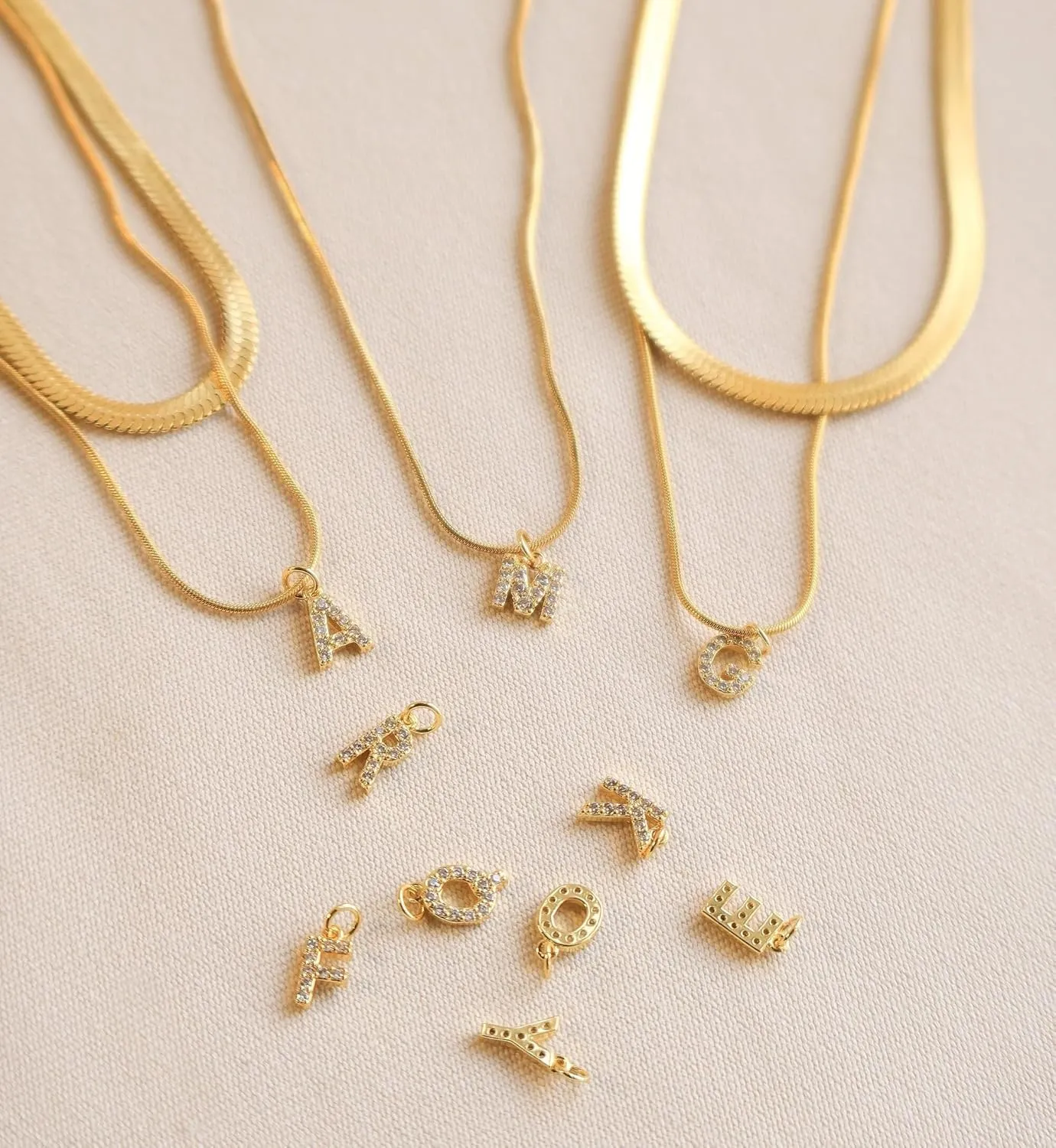 KOHOTA Gold Initial Necklaces for Women, Snake Chain Herringbone Necklace Dainty Letter Layered Initial Necklaces Choker 14K Gold Plated Cubic Zirconia Trendy Pendant for Women Jewelry Gift