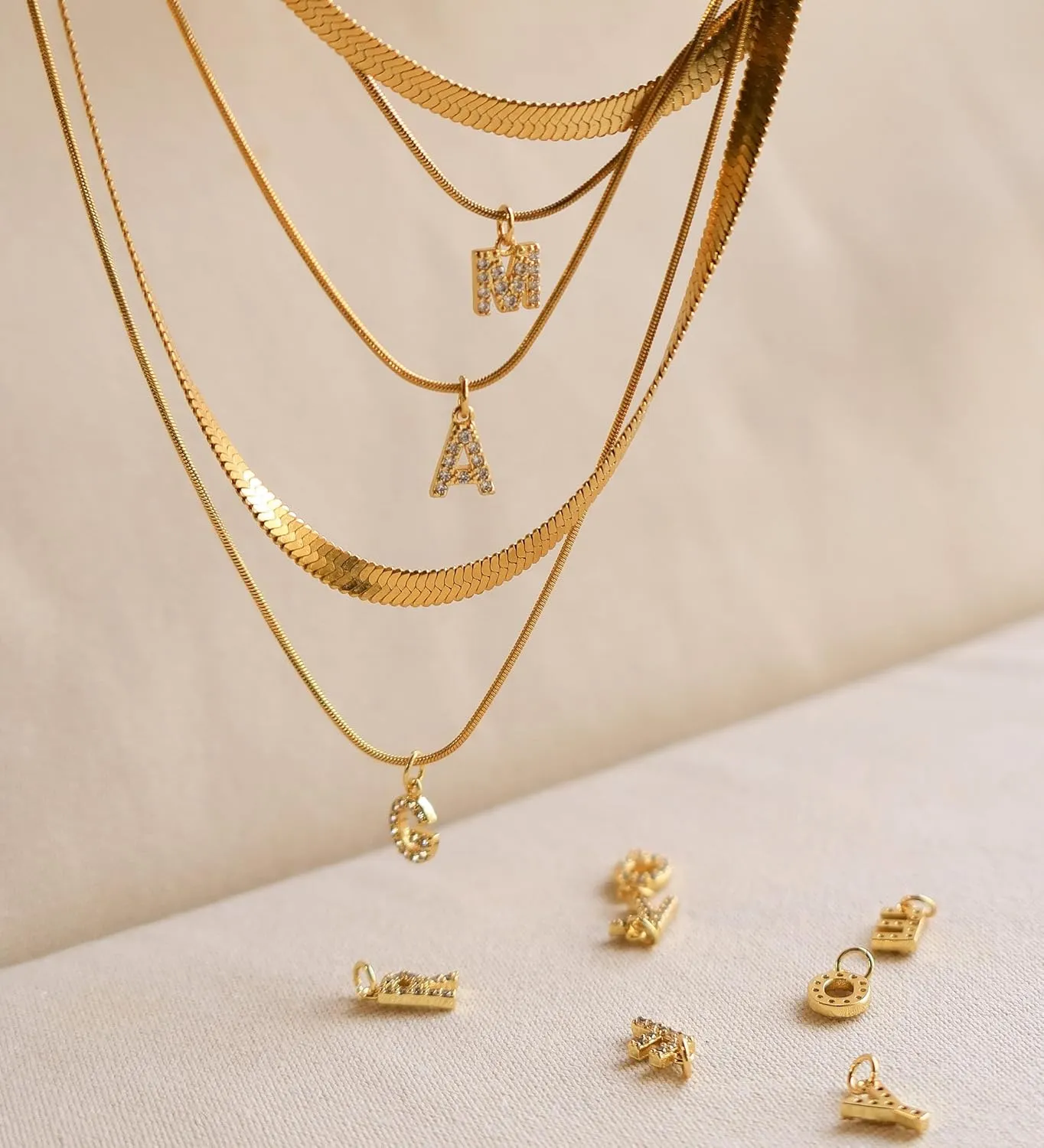 KOHOTA Gold Initial Necklaces for Women, Snake Chain Herringbone Necklace Dainty Letter Layered Initial Necklaces Choker 14K Gold Plated Cubic Zirconia Trendy Pendant for Women Jewelry Gift