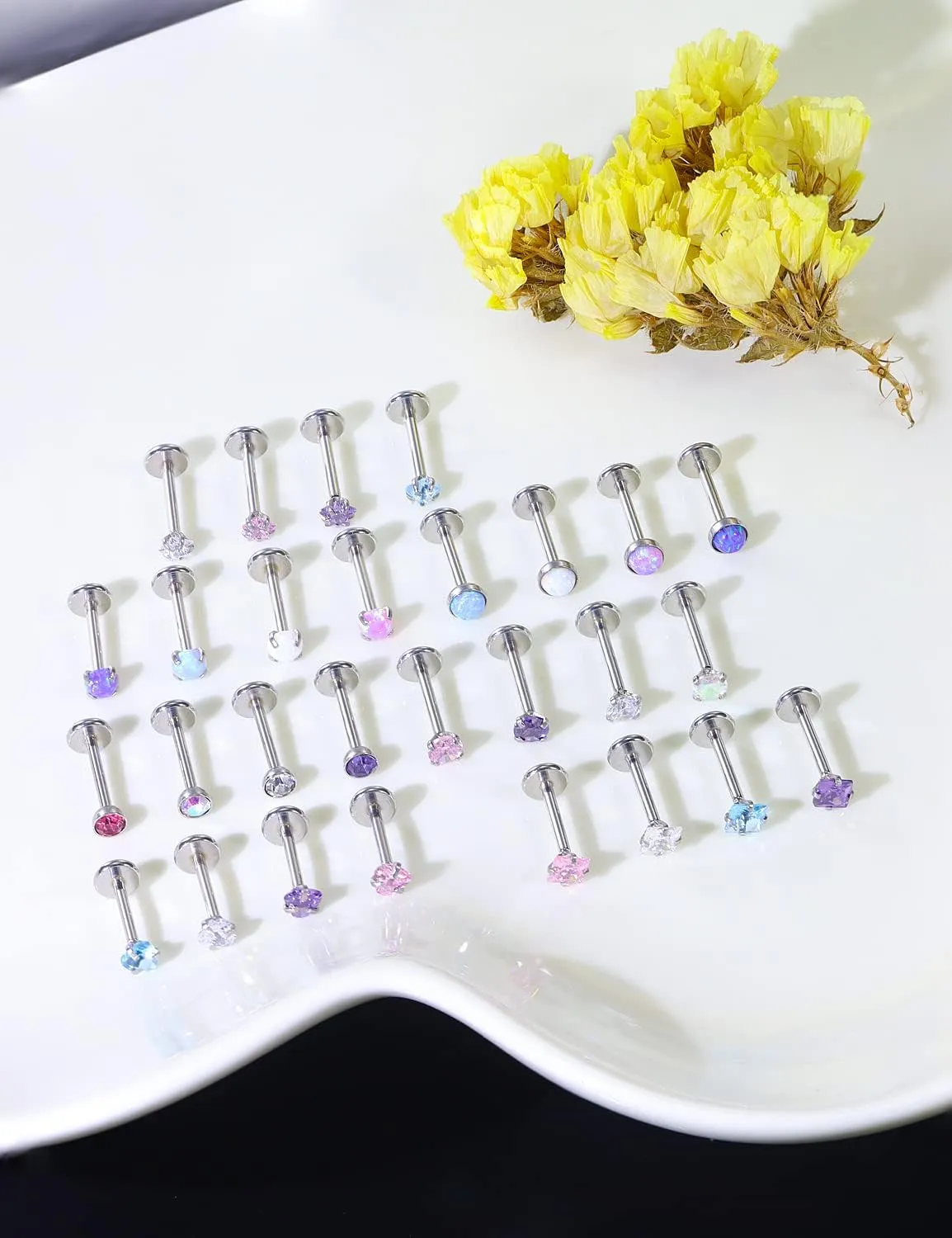 Kridzisw 20G 18G Push in Threadless Nose Rings Stud Stainless Steel Straight Heart Star Opal Nose Rings Piercing Jewelry for Women Men CZ 2MM 2.5MM 3MM 16PCS-28PCS