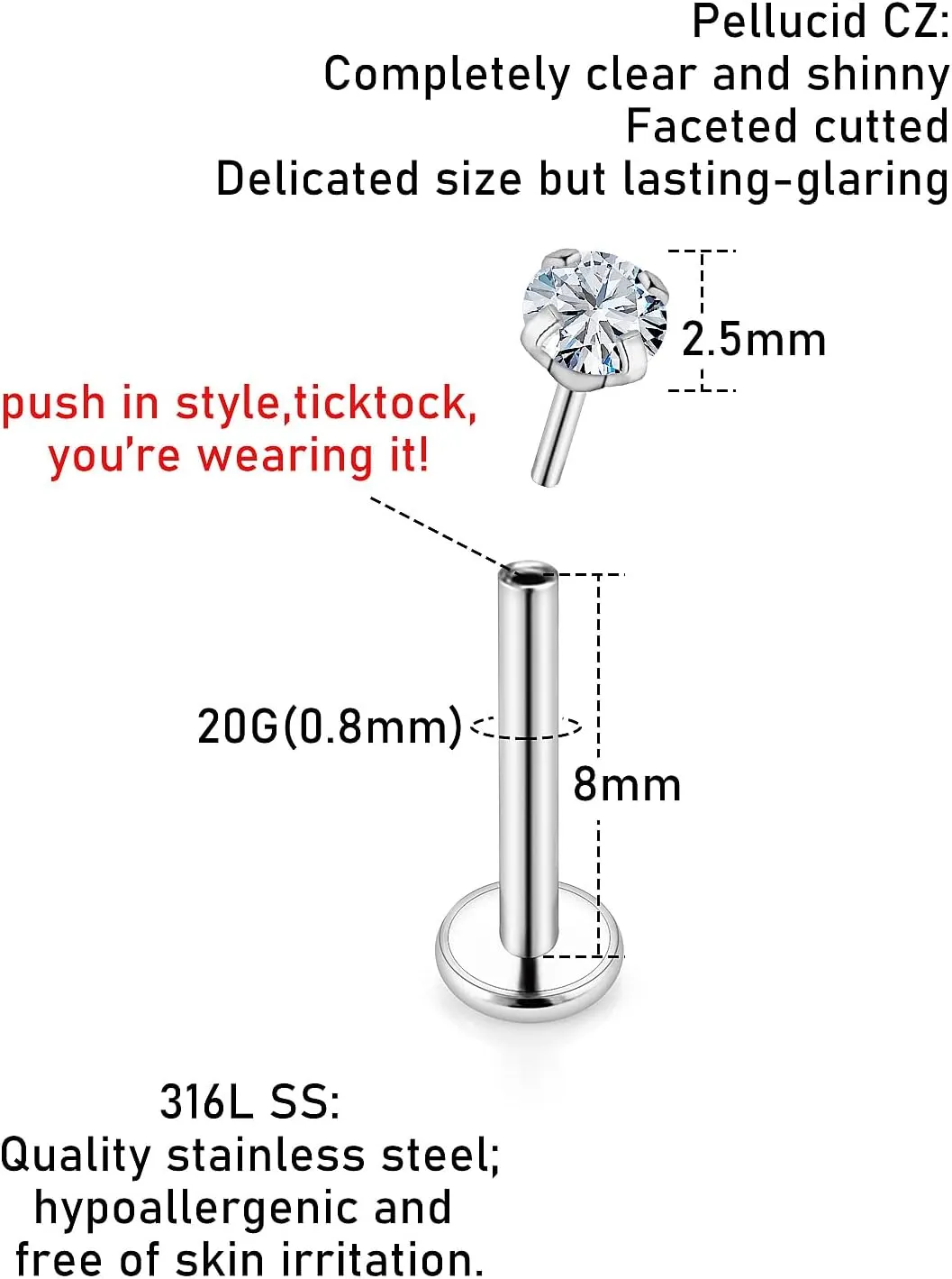 Kridzisw 20G 18G Push in Threadless Nose Rings Stud Stainless Steel Straight Heart Star Opal Nose Rings Piercing Jewelry for Women Men CZ 2MM 2.5MM 3MM 16PCS-28PCS