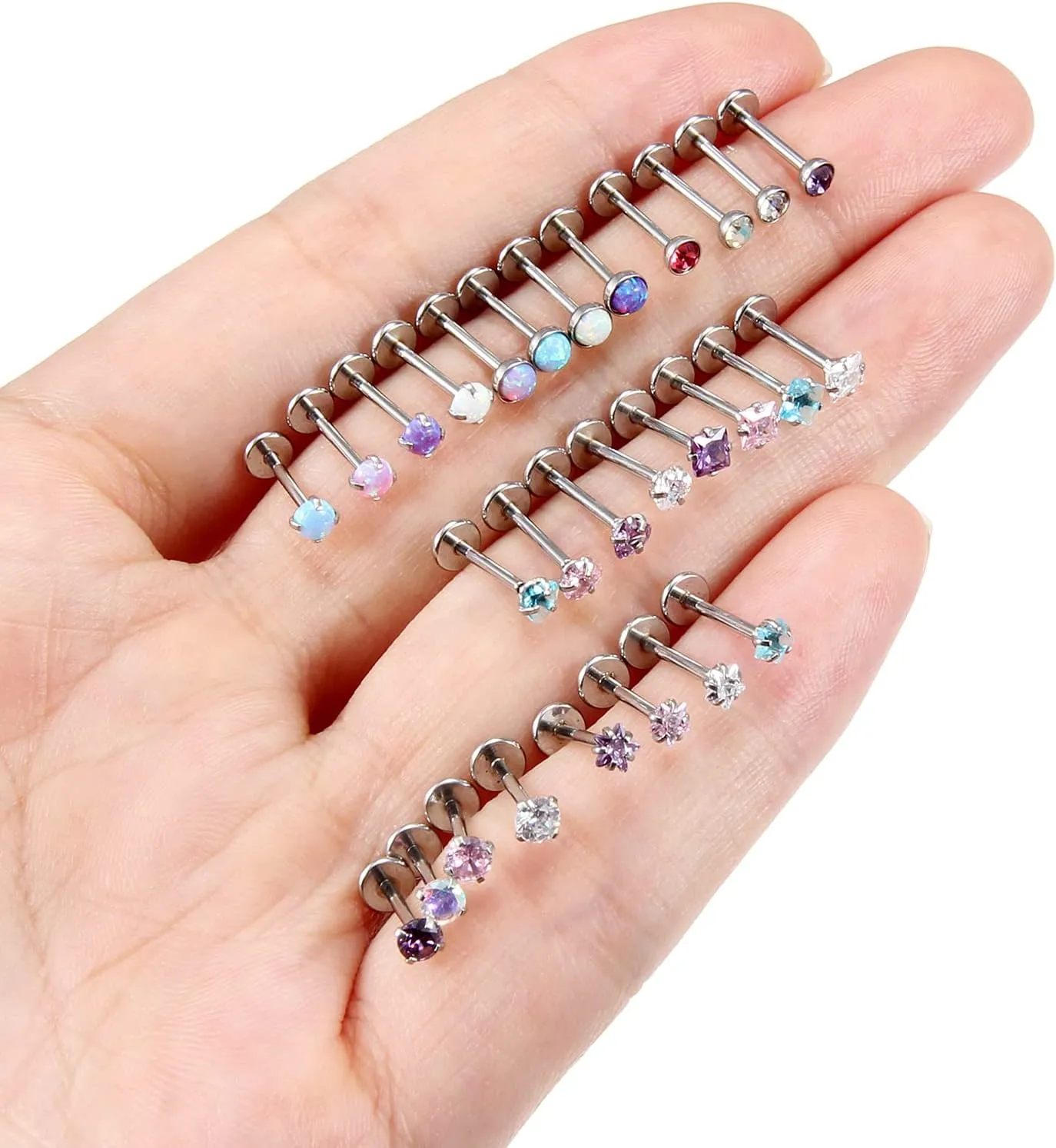 Kridzisw 20G 18G Push in Threadless Nose Rings Stud Stainless Steel Straight Heart Star Opal Nose Rings Piercing Jewelry for Women Men CZ 2MM 2.5MM 3MM 16PCS-28PCS