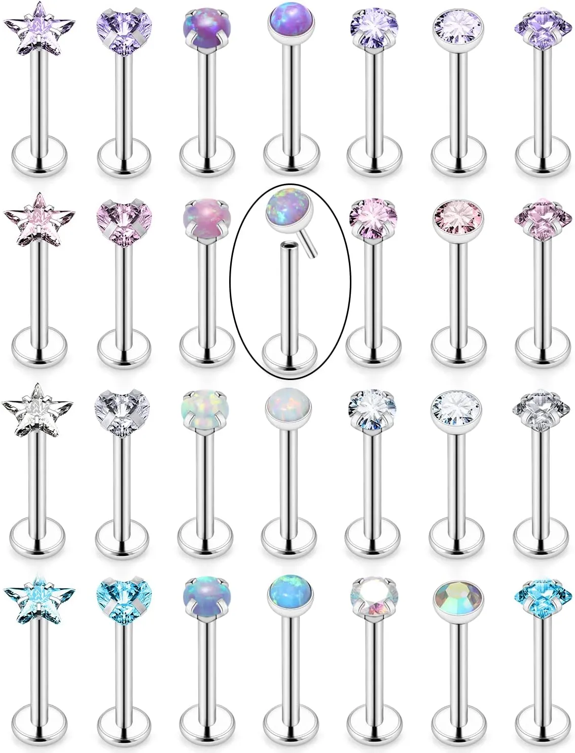 Kridzisw 20G 18G Push in Threadless Nose Rings Stud Stainless Steel Straight Heart Star Opal Nose Rings Piercing Jewelry for Women Men CZ 2MM 2.5MM 3MM 16PCS-28PCS