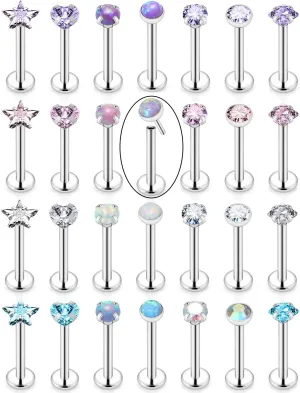 Kridzisw 20G 18G Push in Threadless Nose Rings Stud Stainless Steel Straight Heart Star Opal Nose Rings Piercing Jewelry for Women Men CZ 2MM 2.5MM 3MM 16PCS-28PCS