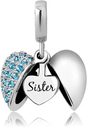 KunBead Sister I Love You Heart Birthstone Dangle Charms for Bracelets Necklace Birthday Gift for Women