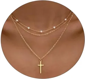 Kyerlyn Dainty Layered Necklaces for Women Gold Cross Necklace 14K Gold/Silver Plated Pearl Necklace O Chain Layered Cross Necklace Simple Cross Necklaces for Women Everyday Jewelry Gifts