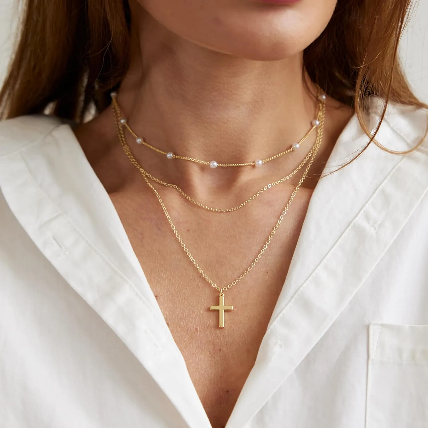 Kyerlyn Dainty Layered Necklaces for Women Gold Cross Necklace 14K Gold/Silver Plated Pearl Necklace O Chain Layered Cross Necklace Simple Cross Necklaces for Women Everyday Jewelry Gifts