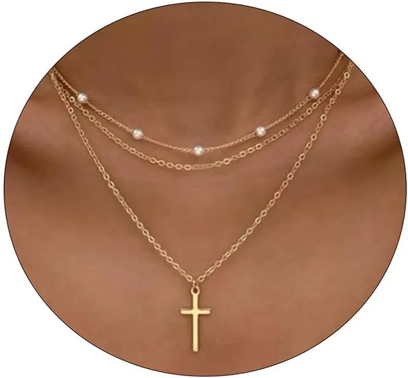 Kyerlyn Dainty Layered Necklaces for Women Gold Cross Necklace 14K Gold/Silver Plated Pearl Necklace O Chain Layered Cross Necklace Simple Cross Necklaces for Women Everyday Jewelry Gifts