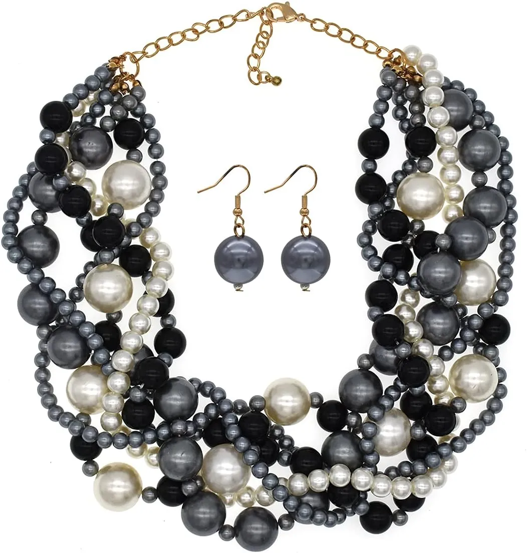 Large Pearl Choker Necklace For Women Statement Necklace Costume Jewelry Simulated Big Pearl Strand Chunky Bib Necklace Beaded Pearl