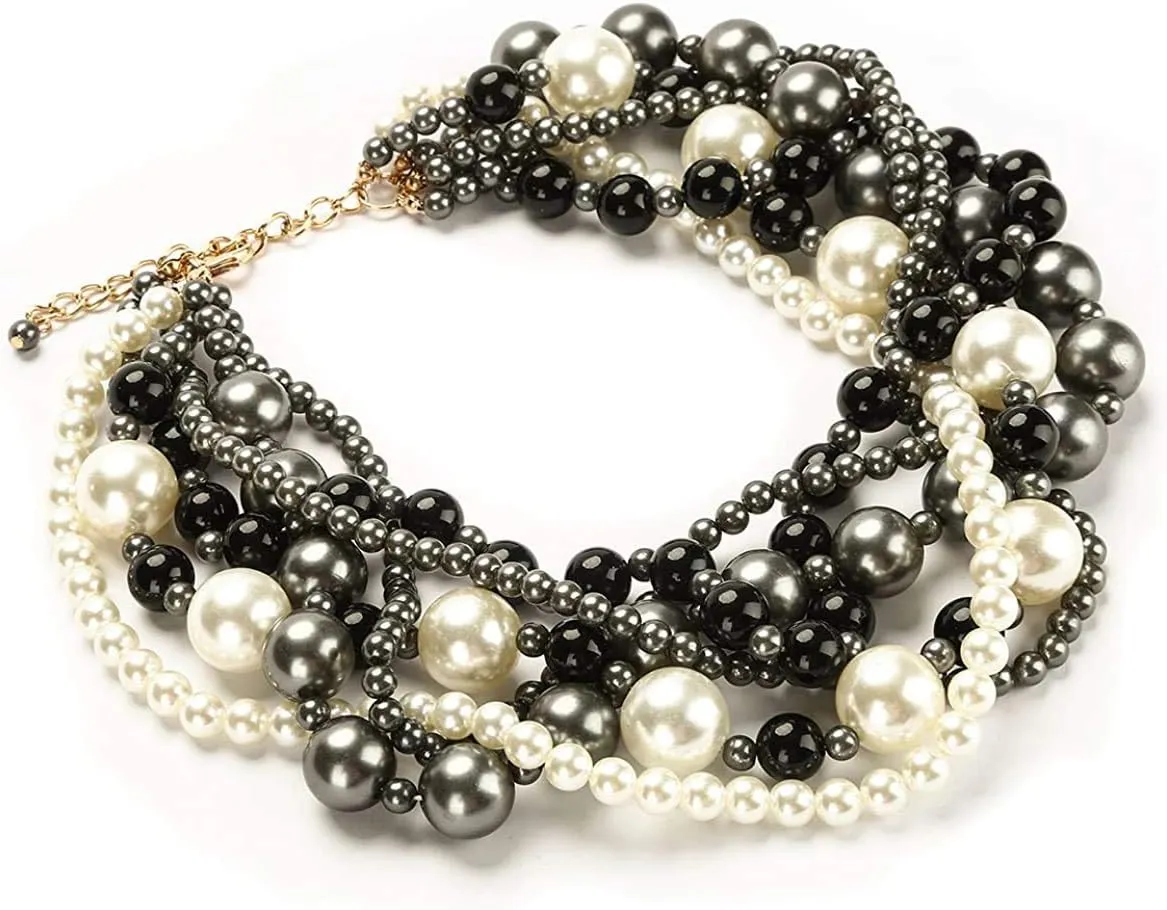 Large Pearl Choker Necklace For Women Statement Necklace Costume Jewelry Simulated Big Pearl Strand Chunky Bib Necklace Beaded Pearl