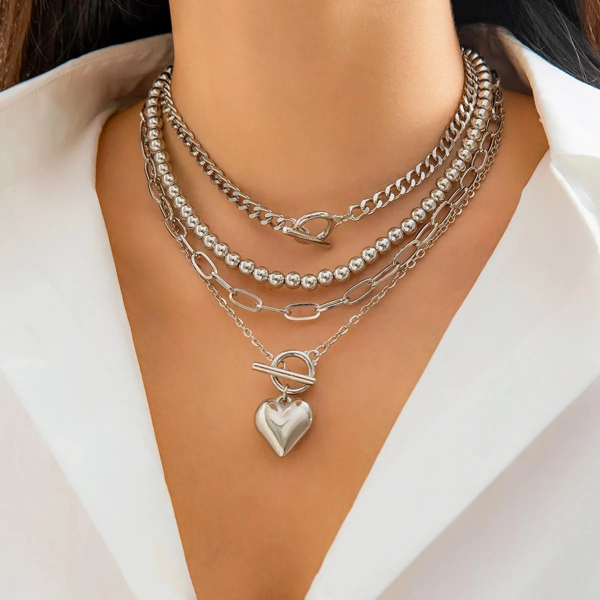 Layered Gold Necklaces for Women Chunky Gold Heart Pendant Necklaces Adjustable Stackable Beaded Geometric Ot Clasp Paperclip Chain Choker Necklace Vintage Punk Hip-Hop Heart Jewelry