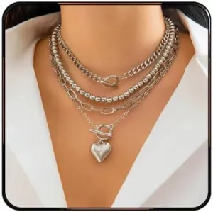 Layered Gold Necklaces for Women Chunky Gold Heart Pendant Necklaces Adjustable Stackable Beaded Geometric Ot Clasp Paperclip Chain Choker Necklace Vintage Punk Hip-Hop Heart Jewelry