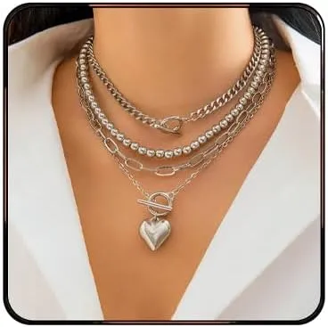 Layered Gold Necklaces for Women Chunky Gold Heart Pendant Necklaces Adjustable Stackable Beaded Geometric Ot Clasp Paperclip Chain Choker Necklace Vintage Punk Hip-Hop Heart Jewelry