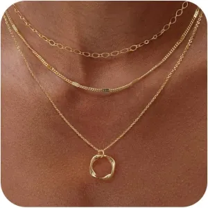 Layered Necklace for Women, Dainty 14K Gold Plated Snake Choker Necklaces Gold Herringbone Paperclip Chain CZ Pendant Simple Cubic Zirconia Necklace Jewelry Set for Women Girls