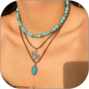 Layered Western Necklaces for Women Boho Multilevel Turquoise Necklaces Vintage Country Concert Ox-head Cactus Cross Chain Necklaces Trendy Accessories Western Jewelry for Women