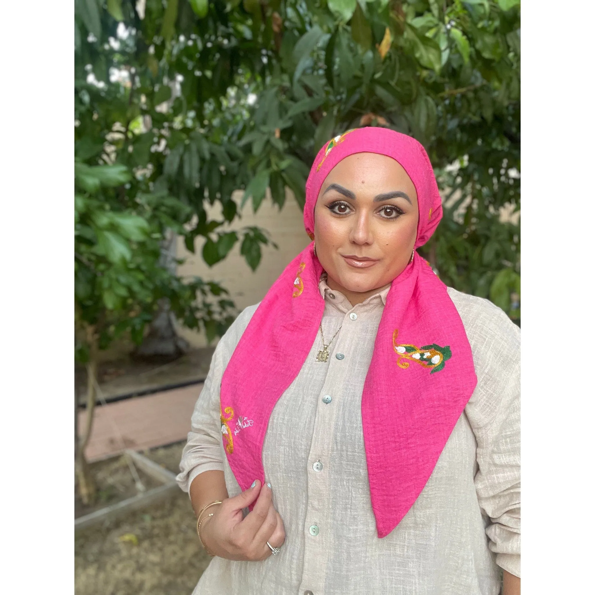 Linen Embroidered Pretied w/ VELVET HEADBAND & Adjustable Circumference - Hot Pink