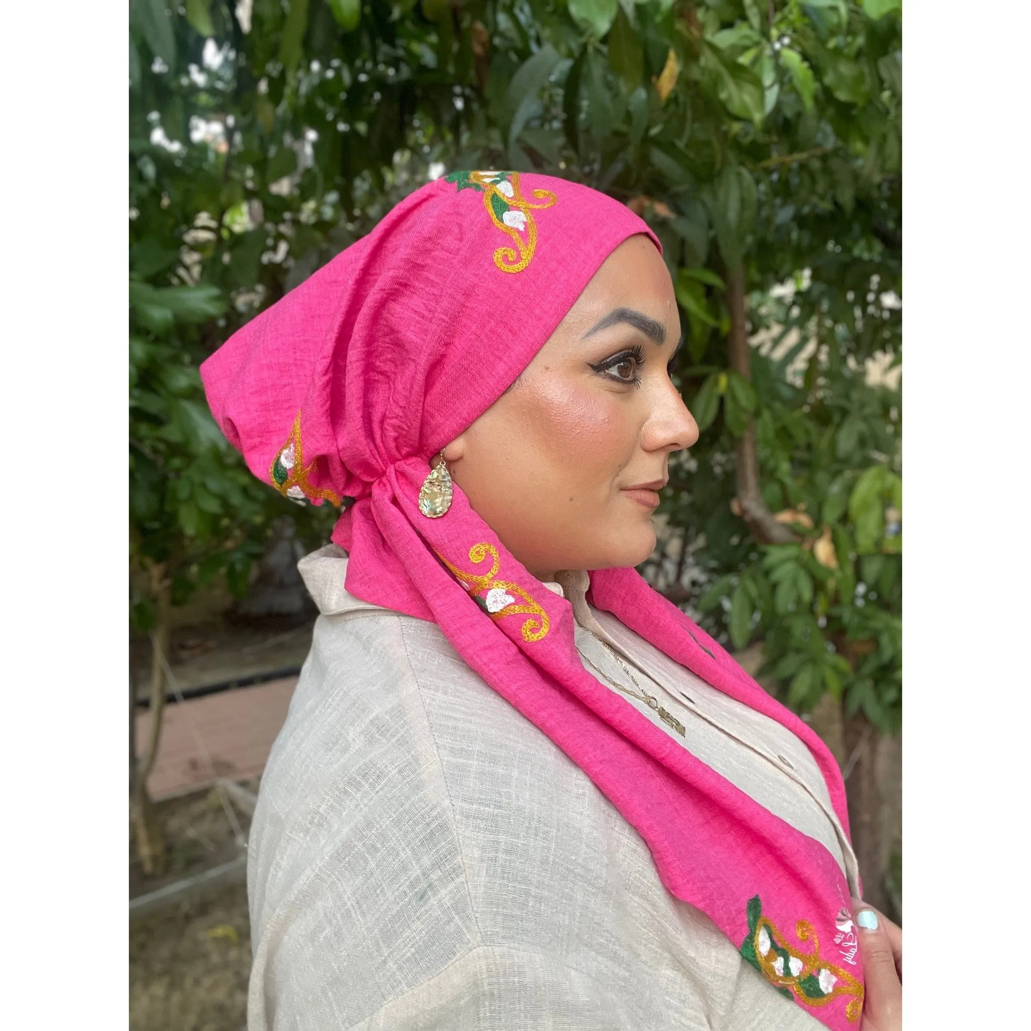 Linen Embroidered Pretied w/ VELVET HEADBAND & Adjustable Circumference - Hot Pink