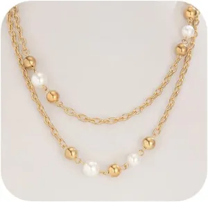 Long Gold Layering Necklaces for Women Fashion Pearls Two Tone Choker Statement Necklace Trendy Large Round Beads Jewelry Link Chain Accessories Gifts