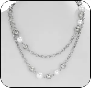 Long Gold Layering Necklaces for Women Fashion Pearls Two Tone Choker Statement Necklace Trendy Large Round Beads Jewelry Link Chain Accessories Gifts