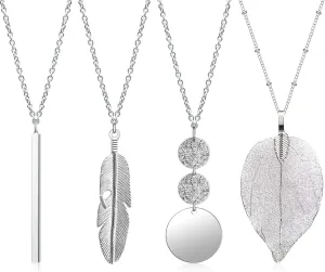Long Necklaces for Women,4 PCS Fashion Pendant Necklace Jewelry Long Silver Necklaces Set Bar Feather Necklace Circle Leaf Lock Tassel Y Necklace Jewelry Set Statement Necklace for Women Trendy