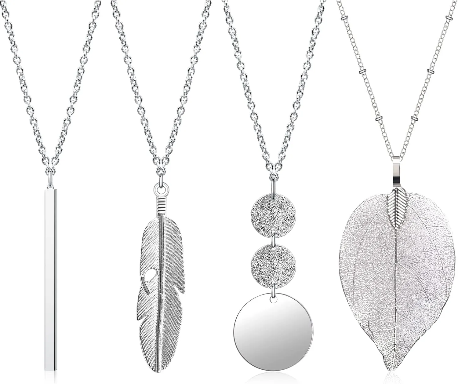 Long Necklaces for Women,4 PCS Fashion Pendant Necklace Jewelry Long Silver Necklaces Set Bar Feather Necklace Circle Leaf Lock Tassel Y Necklace Jewelry Set Statement Necklace for Women Trendy