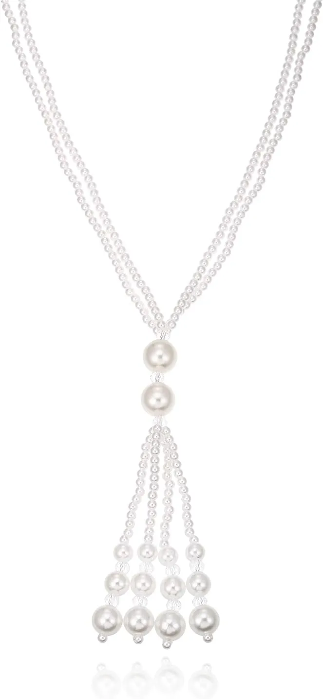Long Pearl Necklace for Women Layered Faux Pearls Necklace Beaded Long Pearls Necklace 1920s Gatsby Costume Jewelry
