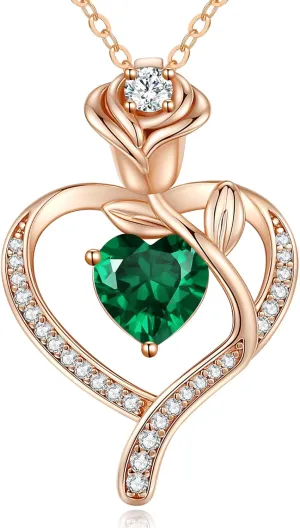 LOUISA SECRET Rose Flower Heart Birthstone Necklaces for Women, 925 Sterling Silver Fine Jewelry, Pendant Heart Necklaces Birthday Anniversary Christmas Gift for Women Wife Mom Girlfriend Lady