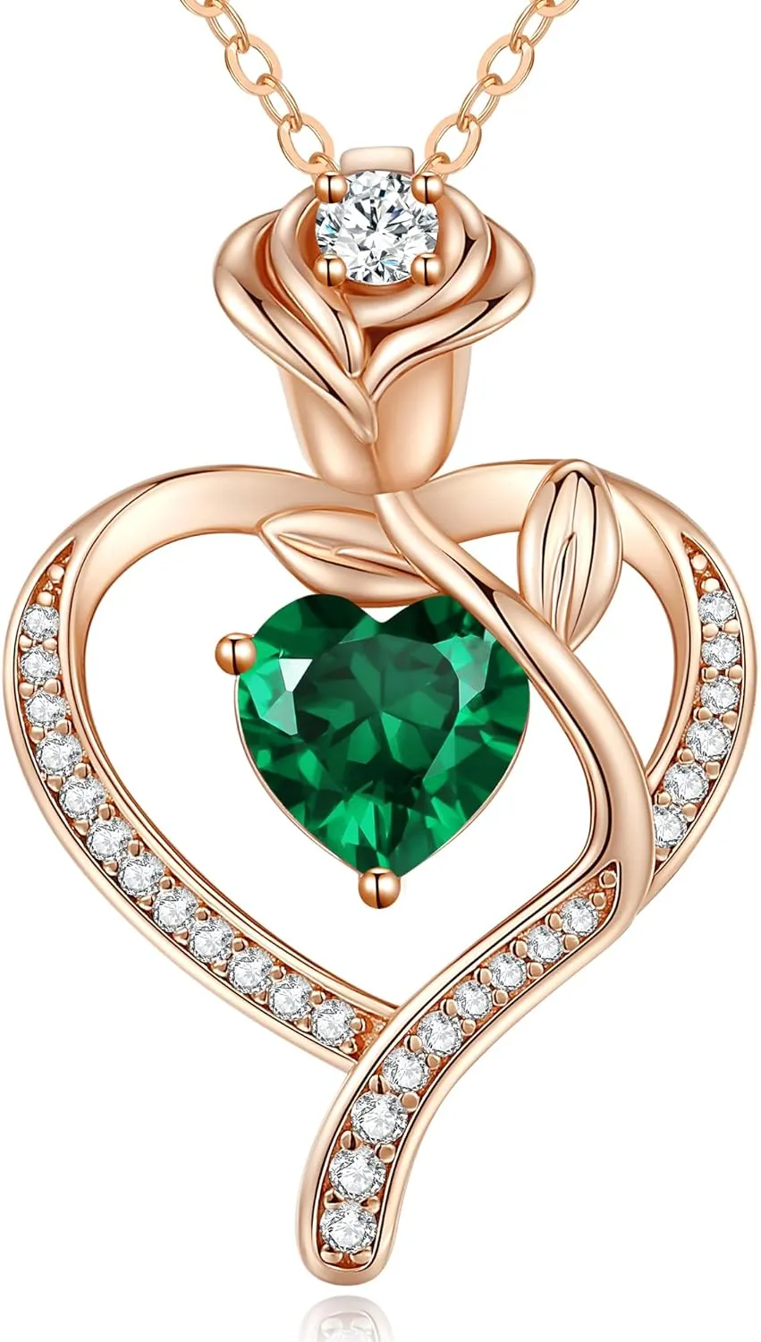 LOUISA SECRET Rose Flower Heart Birthstone Necklaces for Women, 925 Sterling Silver Fine Jewelry, Pendant Heart Necklaces Birthday Anniversary Christmas Gift for Women Wife Mom Girlfriend Lady
