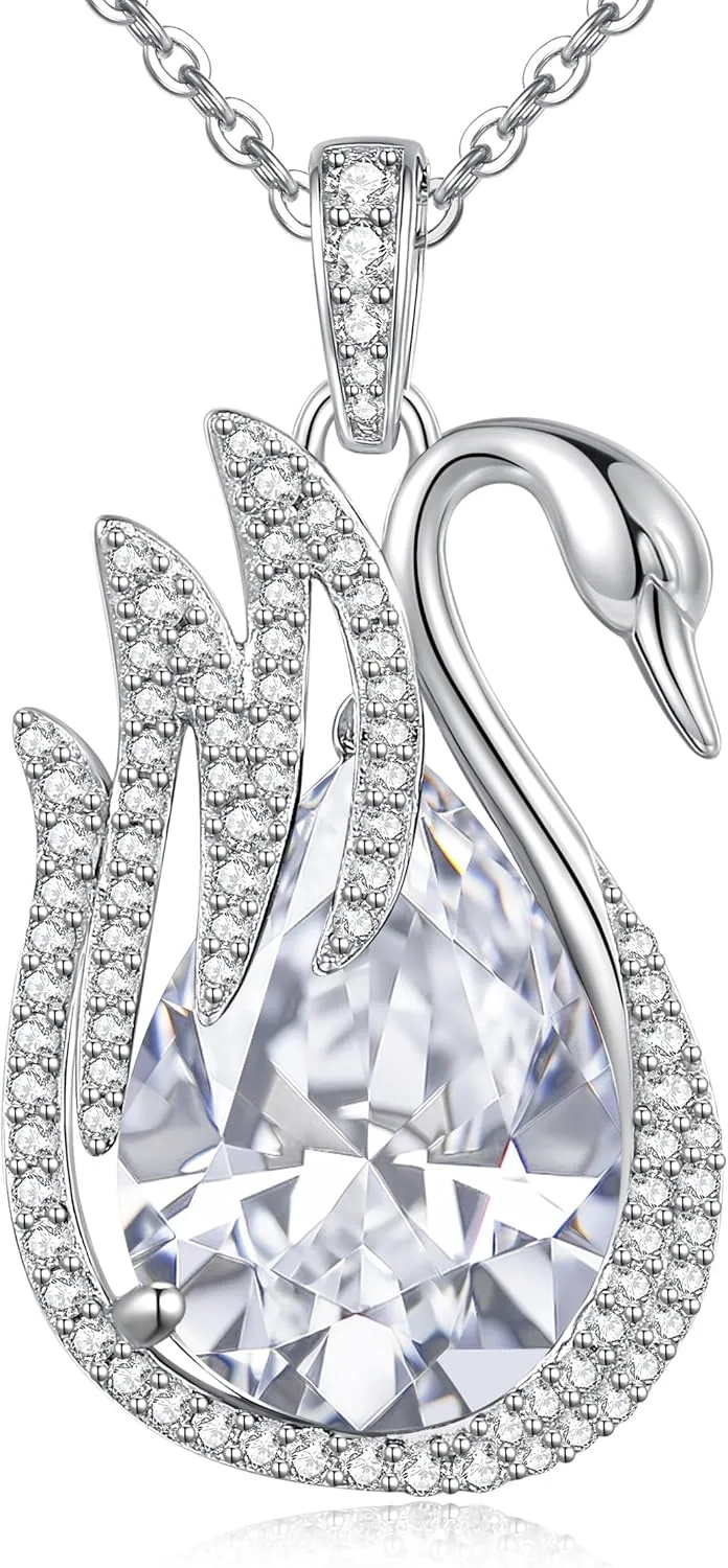 LOUISA SECRET Swan Waterdrop Heart Birthstone Necklaces for Women, 925 Sterling Silver Fine Jewelry, Pendant Heart Necklaces Birthday Anniversary Christmas Gift for Women Wife Mom Girlfriend Lady