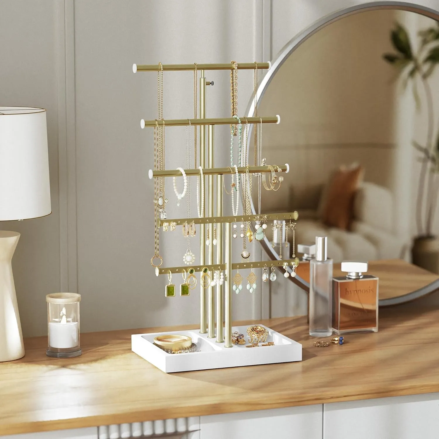 Love-KANKEI Jewelry Organizer Stand,5 Tier Large Necklace Holder with Wood Base,Jewelry holder stand Tree for Display,Bracelets Earrings Rings,Height Adjustable Gift White and Gold