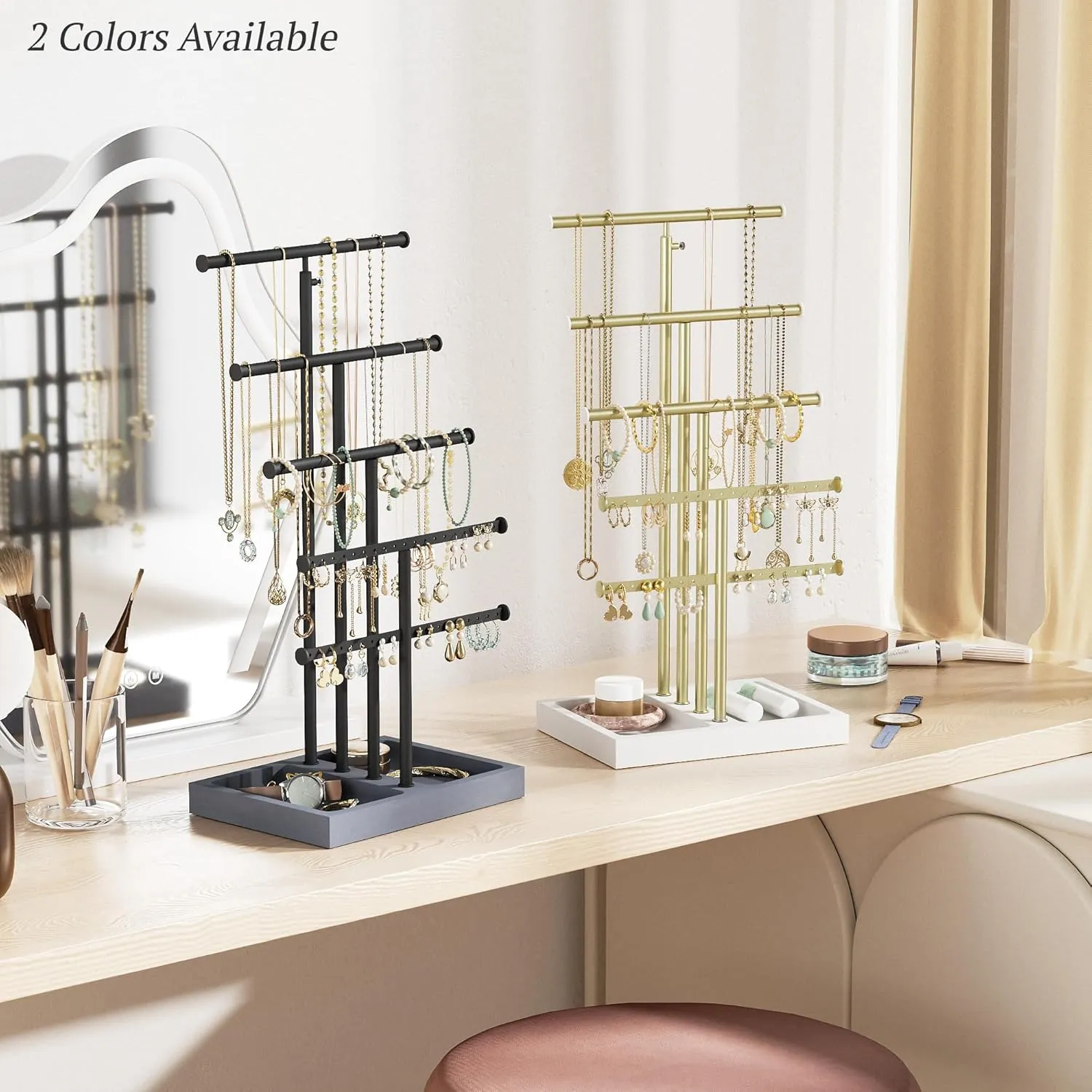 Love-KANKEI Jewelry Organizer Stand,5 Tier Large Necklace Holder with Wood Base,Jewelry holder stand Tree for Display,Bracelets Earrings Rings,Height Adjustable Gift White and Gold