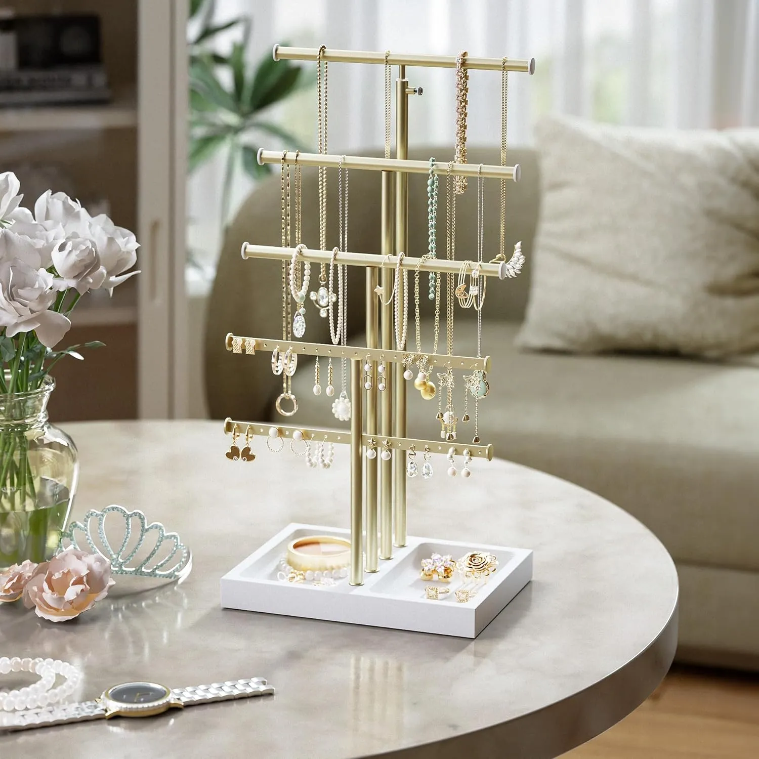 Love-KANKEI Jewelry Organizer Stand,5 Tier Large Necklace Holder with Wood Base,Jewelry holder stand Tree for Display,Bracelets Earrings Rings,Height Adjustable Gift White and Gold