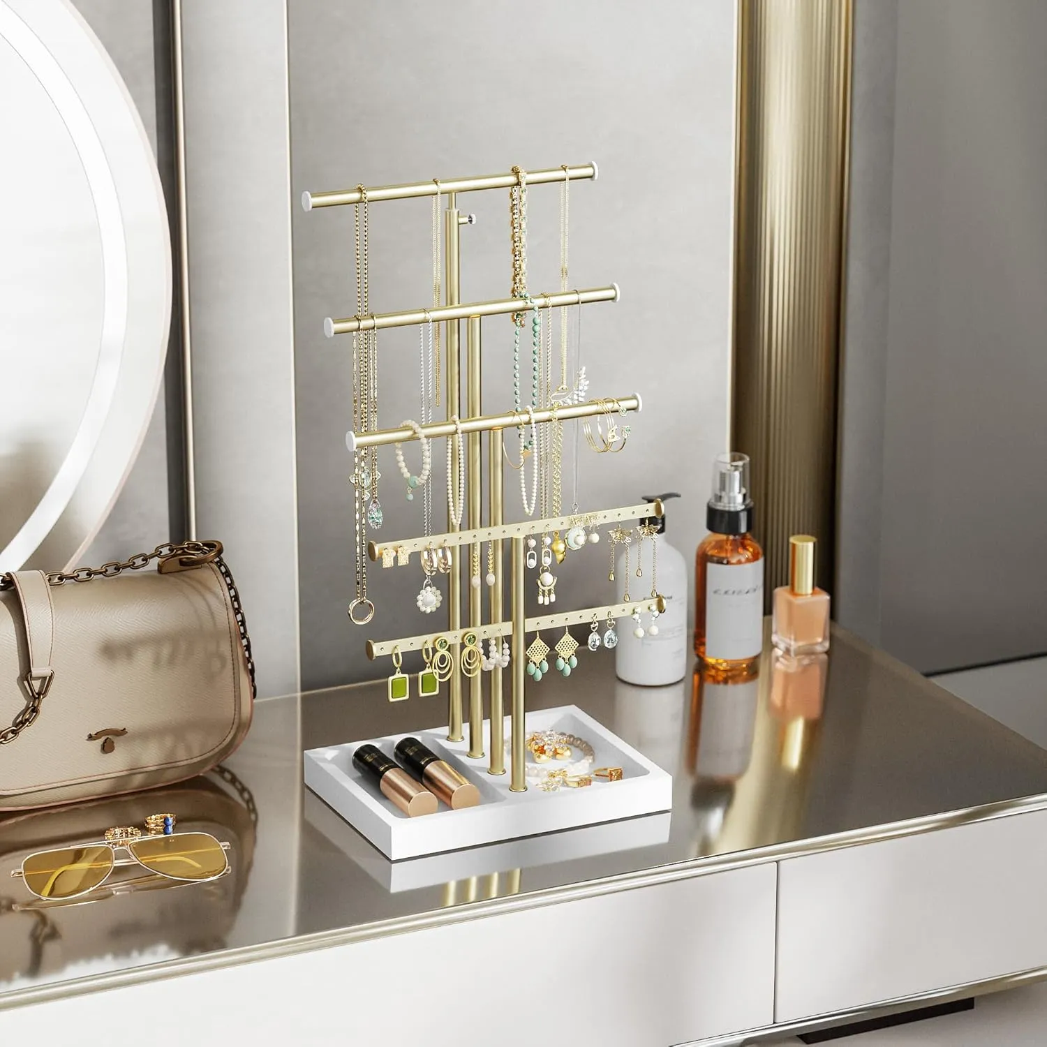 Love-KANKEI Jewelry Organizer Stand,5 Tier Large Necklace Holder with Wood Base,Jewelry holder stand Tree for Display,Bracelets Earrings Rings,Height Adjustable Gift White and Gold