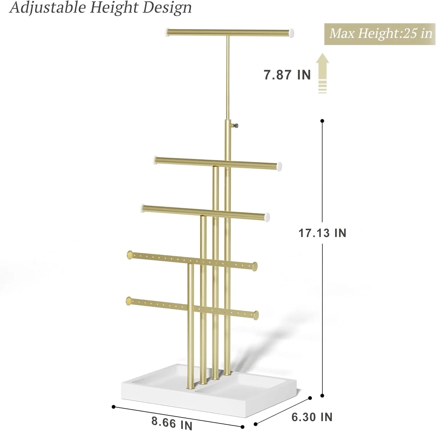 Love-KANKEI Jewelry Organizer Stand,5 Tier Large Necklace Holder with Wood Base,Jewelry holder stand Tree for Display,Bracelets Earrings Rings,Height Adjustable Gift White and Gold