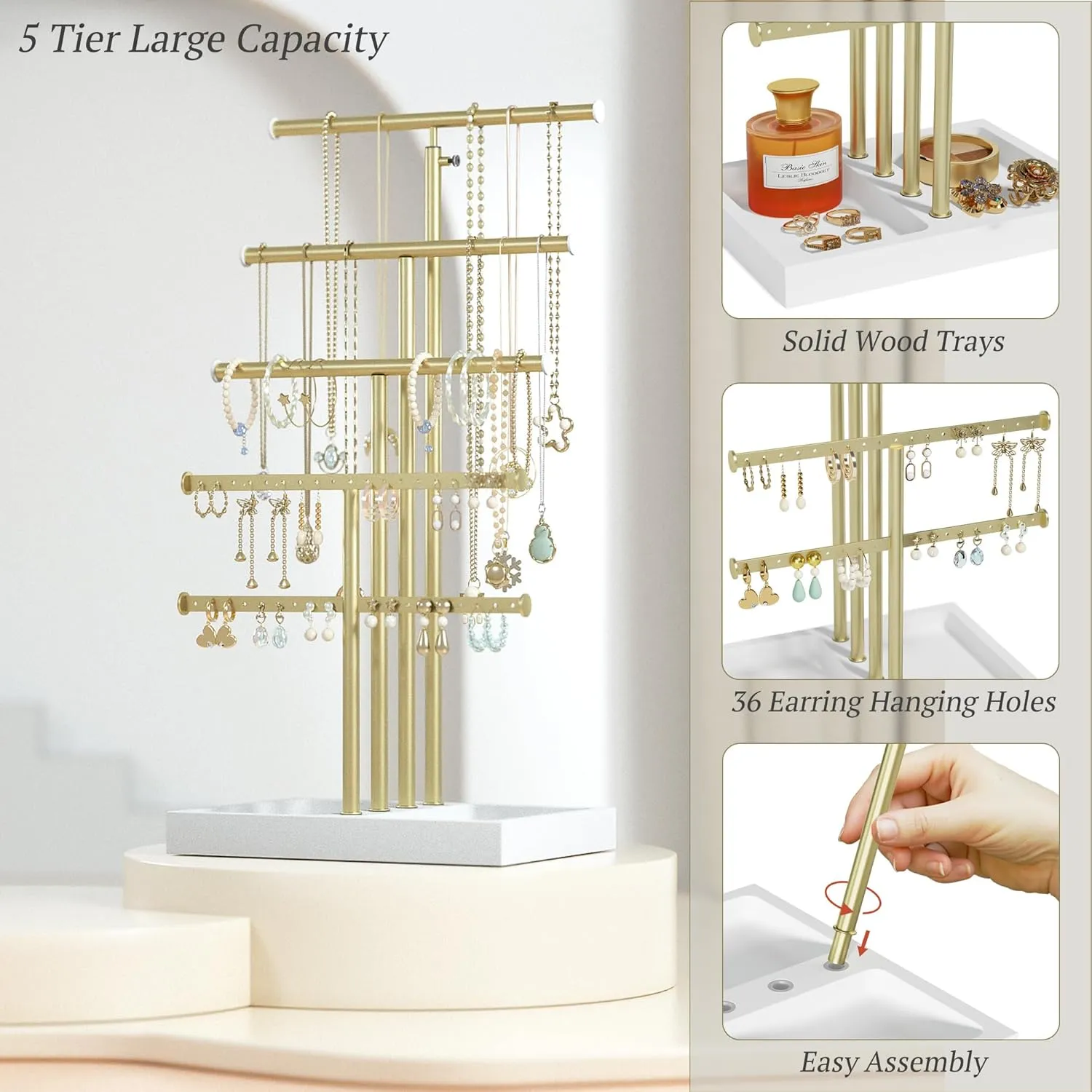Love-KANKEI Jewelry Organizer Stand,5 Tier Large Necklace Holder with Wood Base,Jewelry holder stand Tree for Display,Bracelets Earrings Rings,Height Adjustable Gift White and Gold