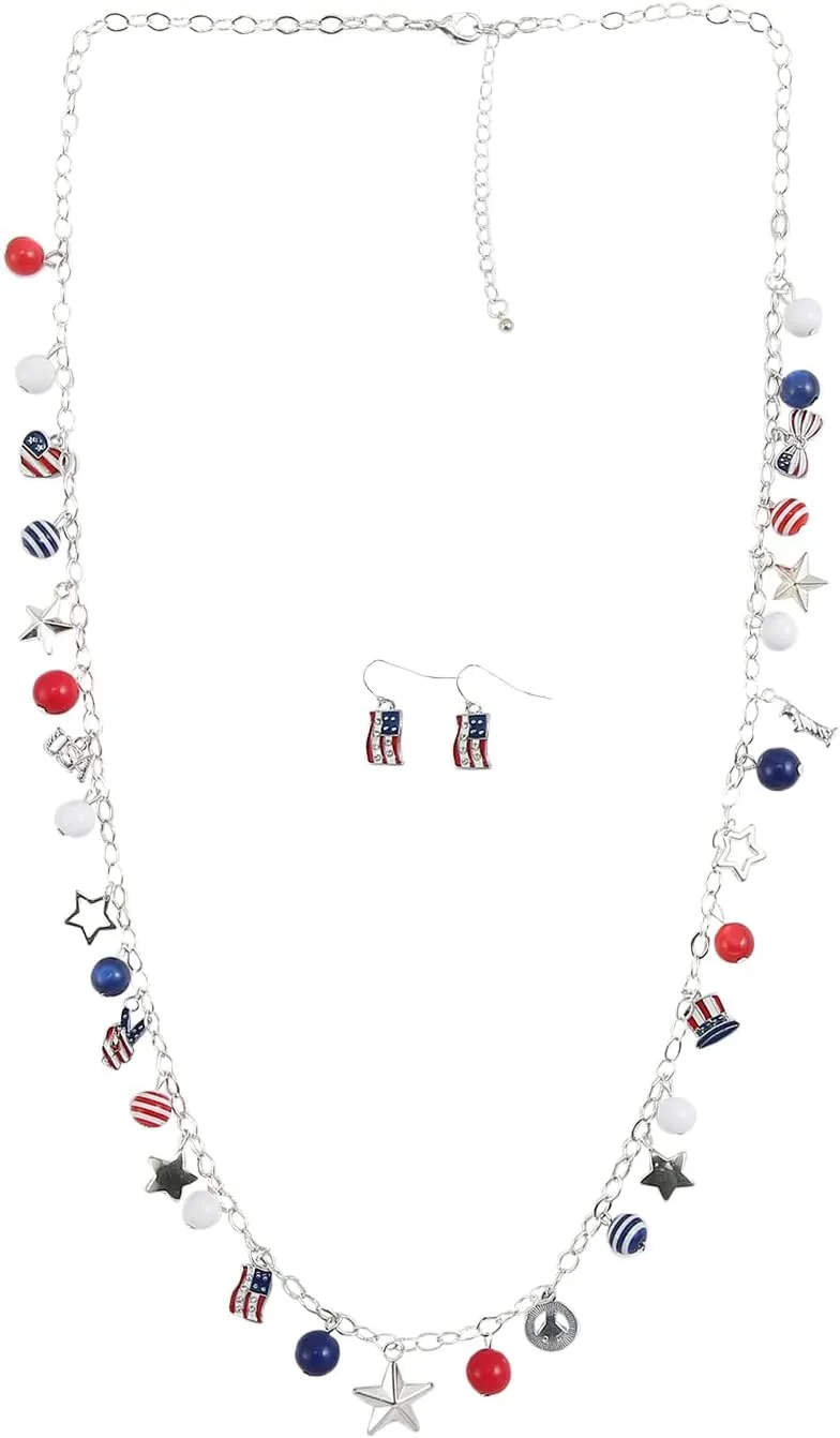 Madison Tyler American Flag Necklace Earrings for Women | 4th of July Heart Star Uncle Sam Hat USA Bead Pendant Necklace Dangle Earrings | Patriotic Independence Day Jewelry Set 2PCS