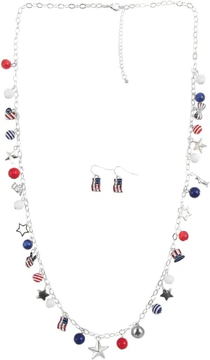 Madison Tyler American Flag Necklace Earrings for Women | 4th of July Heart Star Uncle Sam Hat USA Bead Pendant Necklace Dangle Earrings | Patriotic Independence Day Jewelry Set 2PCS
