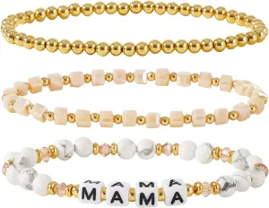 MAMA Bracelet Dainty Gold Crystal Beaded Bracelets Set for Women Stackable 14K Gold Plated Beads Nature Stone Layered Stretch Bracelets Mother's Day Gifts for Mom Grandmom