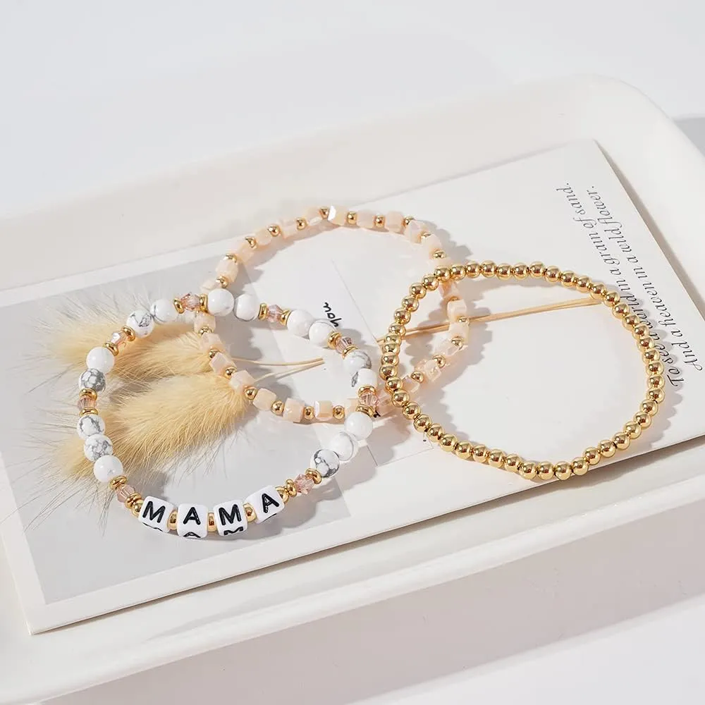MAMA Bracelet Dainty Gold Crystal Beaded Bracelets Set for Women Stackable 14K Gold Plated Beads Nature Stone Layered Stretch Bracelets Mother's Day Gifts for Mom Grandmom